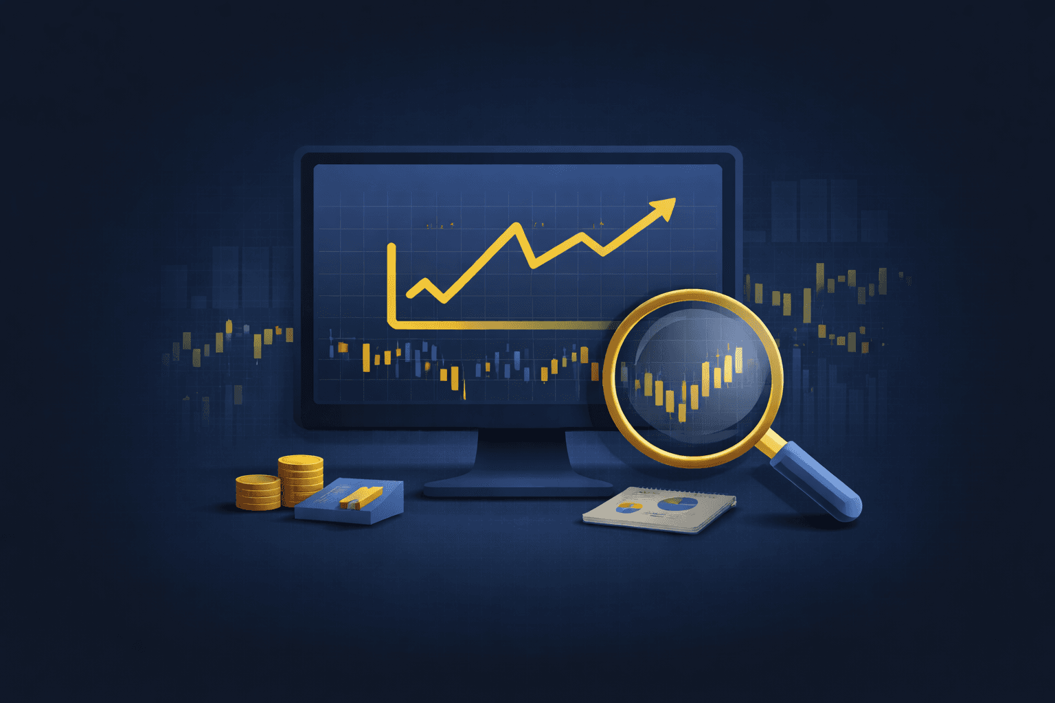 Data-Backed Logic — Trading analysis with chart, magnifying glass, and financial data